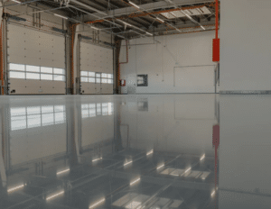 Reflective epoxy garage floor with large overhead doors