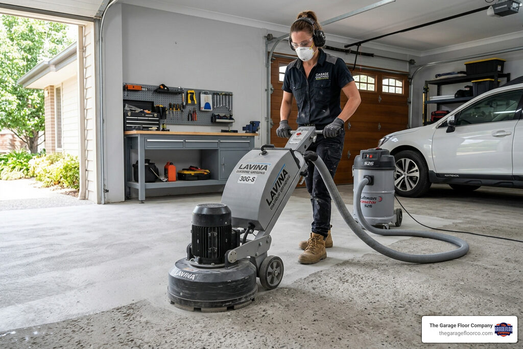 Garage floor diamond grinding machine and preparation for epoxy coating.