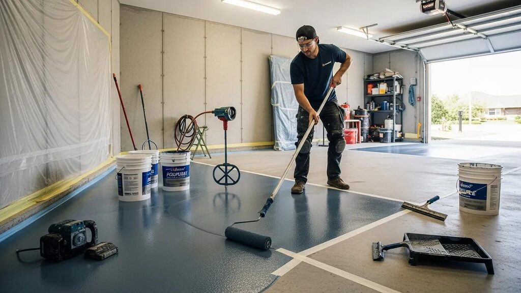 Professional applying polyurea garage floor coating during installation process